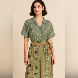 Diane Gilman 100% Silk Boho Two-Piece Set Blouse & Wrap Skirt Size M